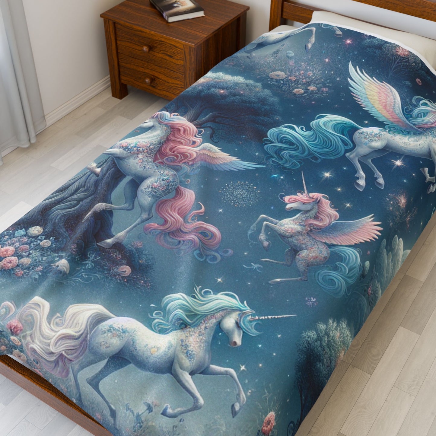 Velvet Blanket, Girls Unicorn Plush Throw, Soft Kids Bedding, Cozy Bedroom Decor, Magical Rainbow Print Bedspread, Nursery Room Accent