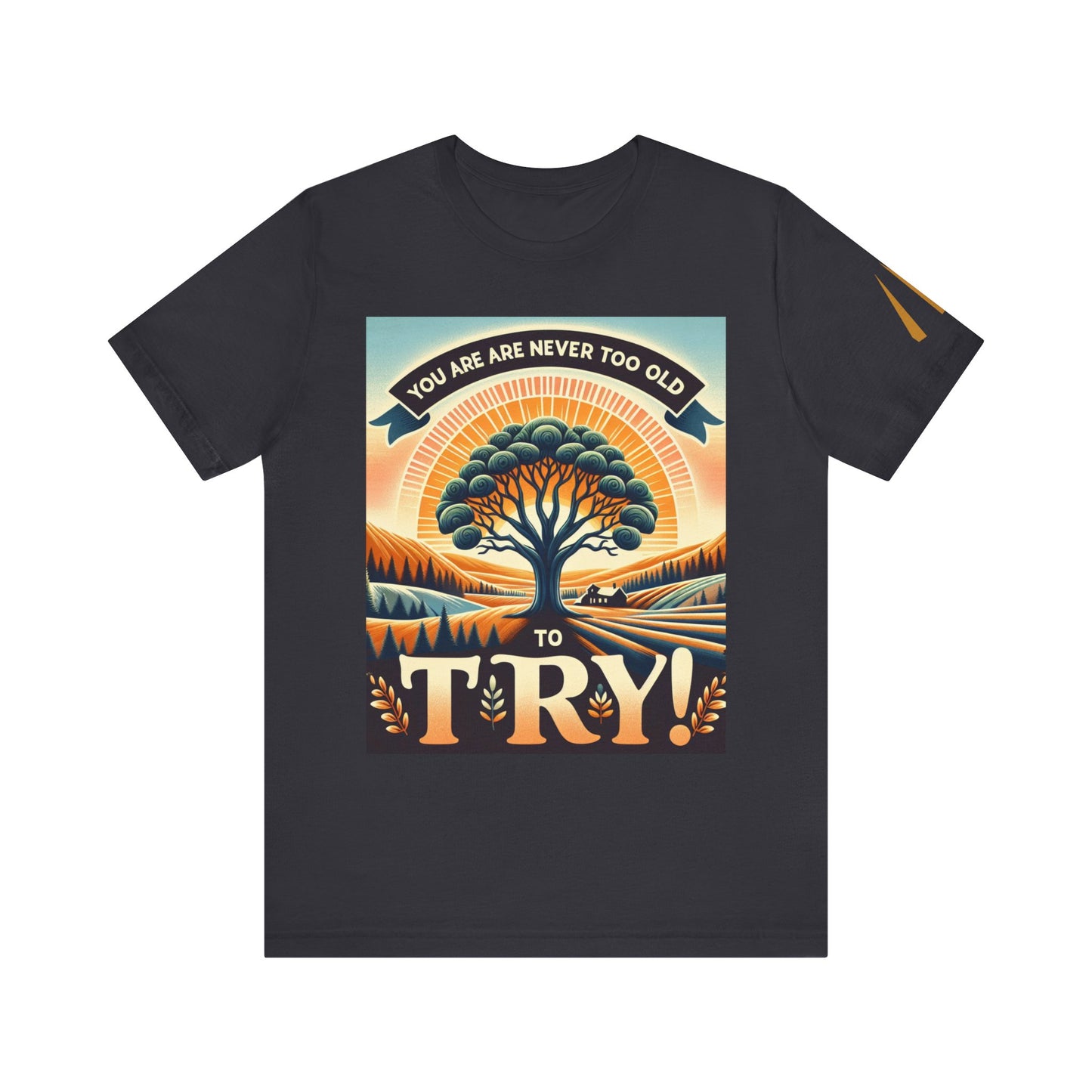 Never Too Old to Try Unisex Tee Shirt - Funny Graphic Tee, Inspirational T-Shirt, Age is Just a Number Shirt, Motivational Apparel, Retro