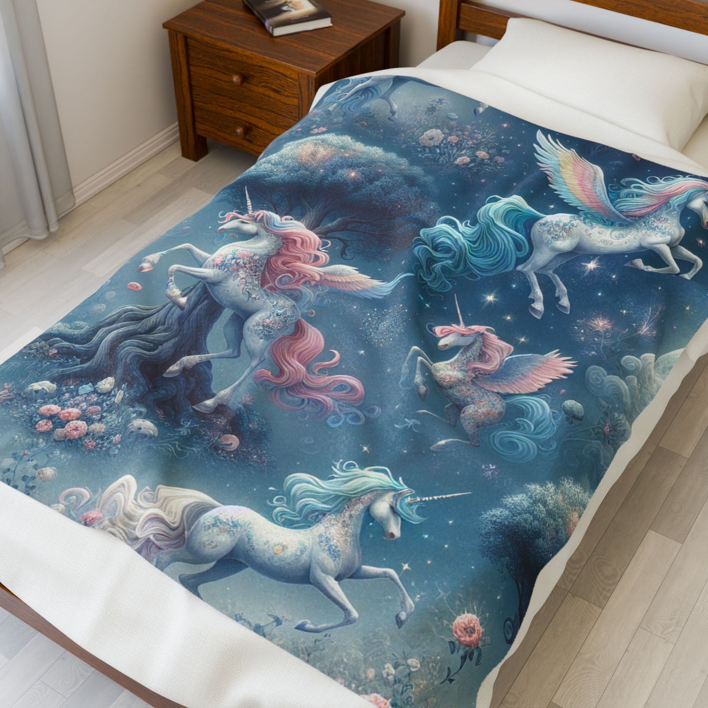 Velvet Blanket, Girls Unicorn Plush Throw, Soft Kids Bedding, Cozy Bedroom Decor, Magical Rainbow Print Bedspread, Nursery Room Accent