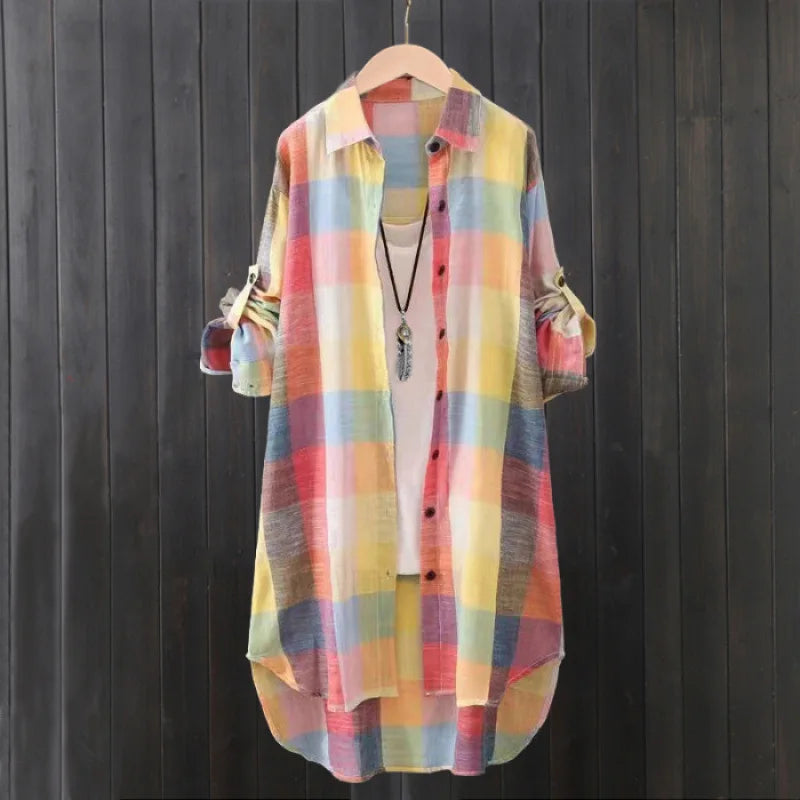 Women's Plaid Cotton Linen Shirt β Casual Long Sleeve Blouse for Fall | Trendy Checkered Tops for Everyday Style
