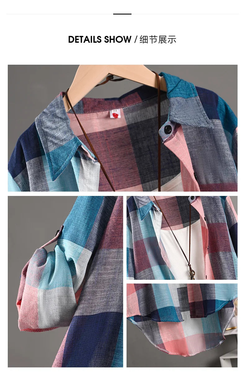 Women's Plaid Cotton Linen Shirt β Casual Long Sleeve Blouse for Fall | Trendy Checkered Tops for Everyday Style