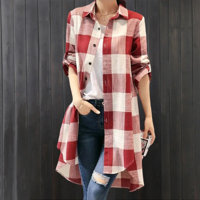 Women's Plaid Cotton Linen Shirt β Casual Long Sleeve Blouse for Fall | Trendy Checkered Tops for Everyday Style