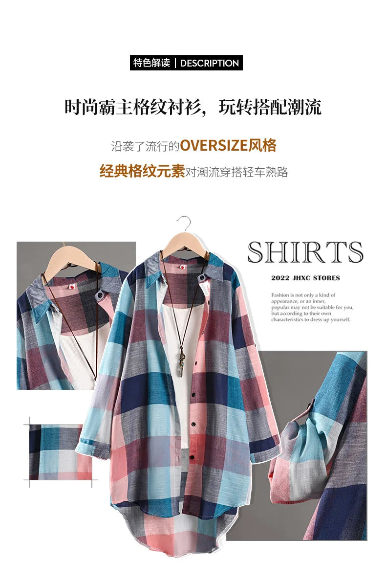 Women's Plaid Cotton Linen Shirt β Casual Long Sleeve Blouse for Fall | Trendy Checkered Tops for Everyday Style