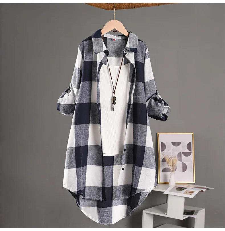 Women's Plaid Cotton Linen Shirt β Casual Long Sleeve Blouse for Fall | Trendy Checkered Tops for Everyday Style