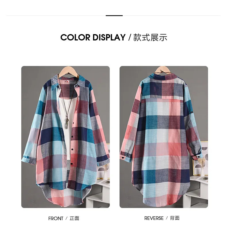 Women's Plaid Cotton Linen Shirt β Casual Long Sleeve Blouse for Fall | Trendy Checkered Tops for Everyday Style