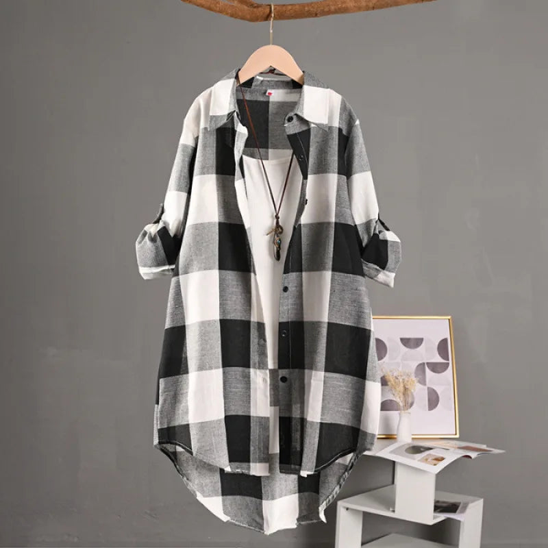 Women's Plaid Cotton Linen Shirt β Casual Long Sleeve Blouse for Fall | Trendy Checkered Tops for Everyday Style