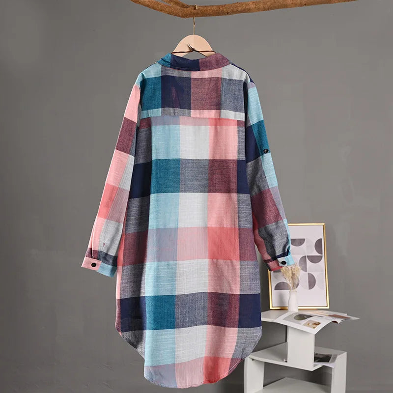 Women's Plaid Cotton Linen Shirt β Casual Long Sleeve Blouse for Fall | Trendy Checkered Tops for Everyday Style