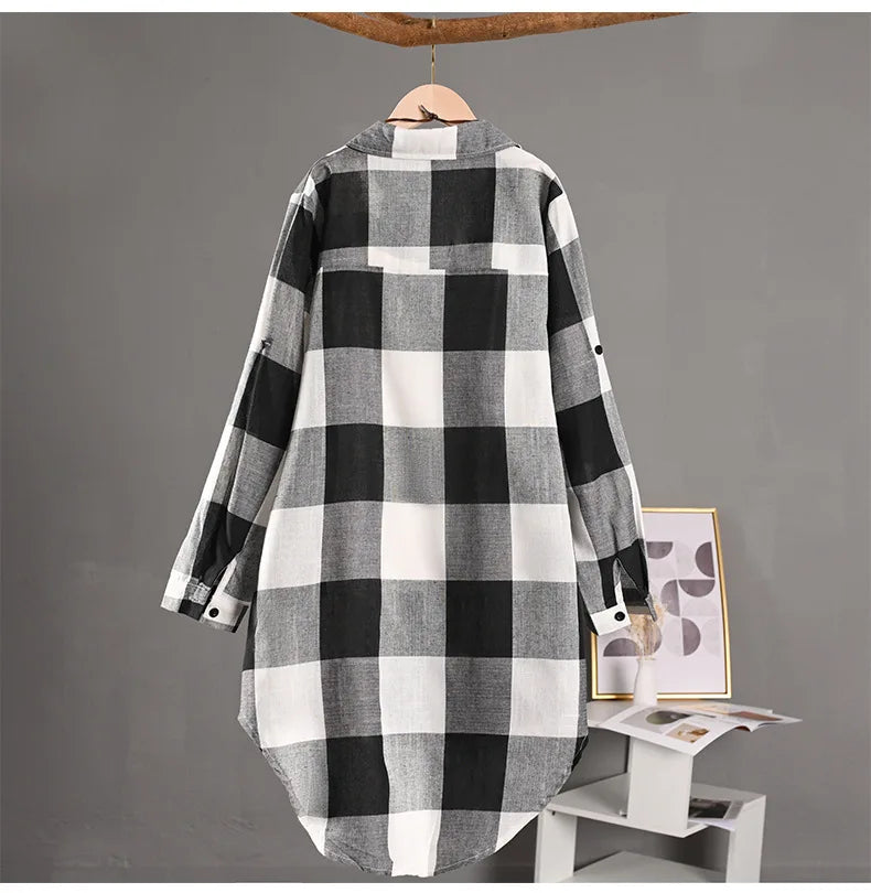 Women's Plaid Cotton Linen Shirt β Casual Long Sleeve Blouse for Fall | Trendy Checkered Tops for Everyday Style