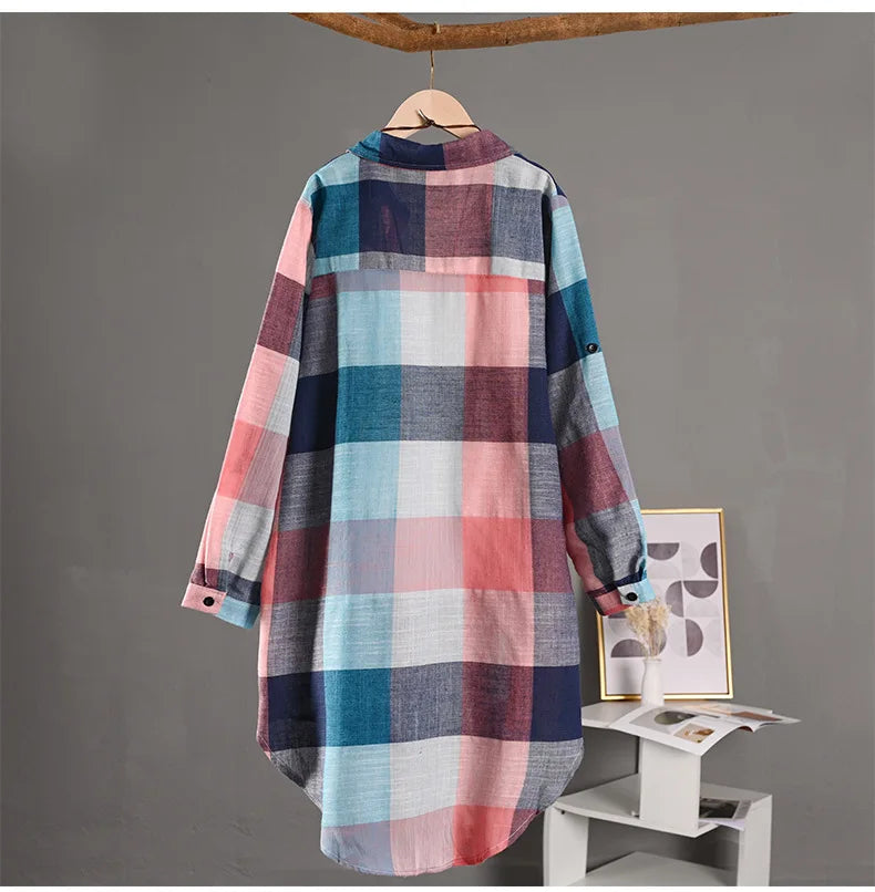 Women's Plaid Cotton Linen Shirt β Casual Long Sleeve Blouse for Fall | Trendy Checkered Tops for Everyday Style