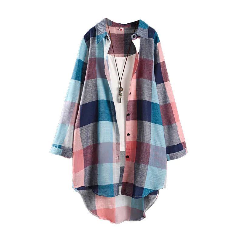 Women's Plaid Cotton Linen Shirt β Casual Long Sleeve Blouse for Fall | Trendy Checkered Tops for Everyday Style