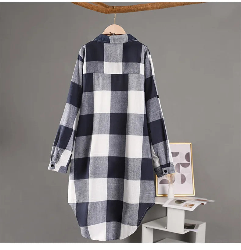 Women's Plaid Cotton Linen Shirt β Casual Long Sleeve Blouse for Fall | Trendy Checkered Tops for Everyday Style