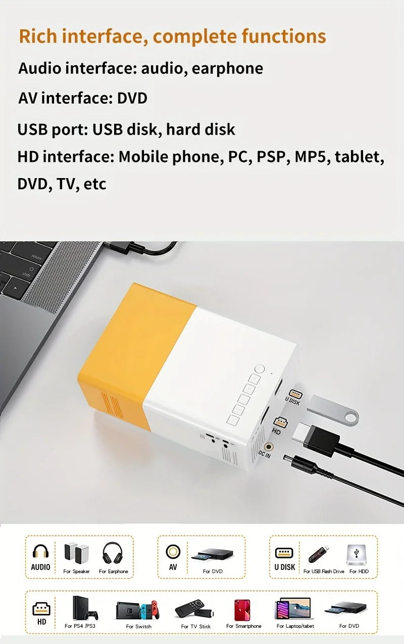 Proyector portátil YG300 para el hogar, conexión inalámbrica para teléfono móvil, compatible con USB, HDMI