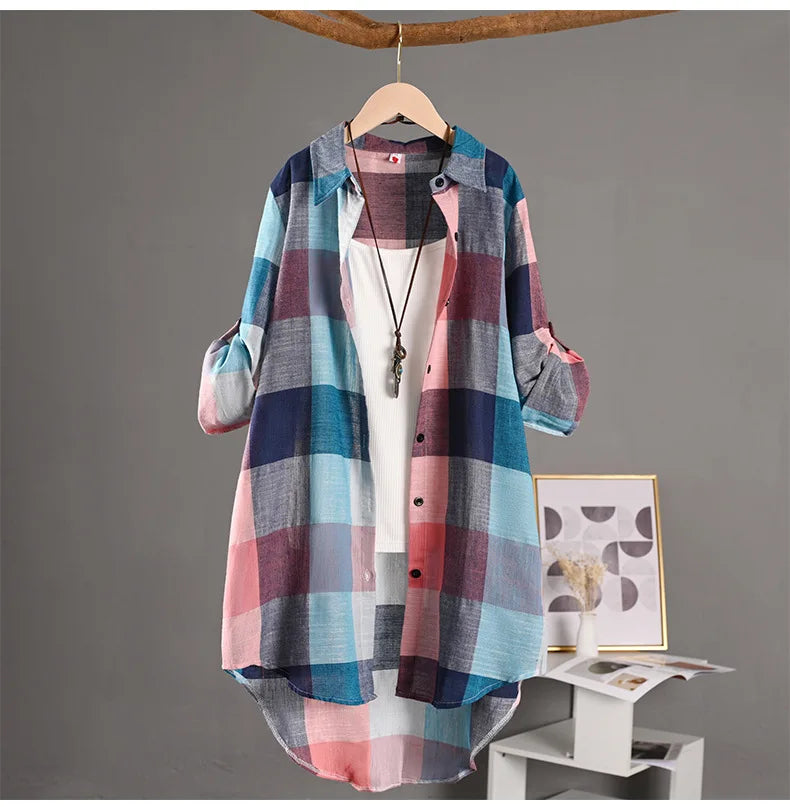 Women's Plaid Cotton Linen Shirt β Casual Long Sleeve Blouse for Fall | Trendy Checkered Tops for Everyday Style
