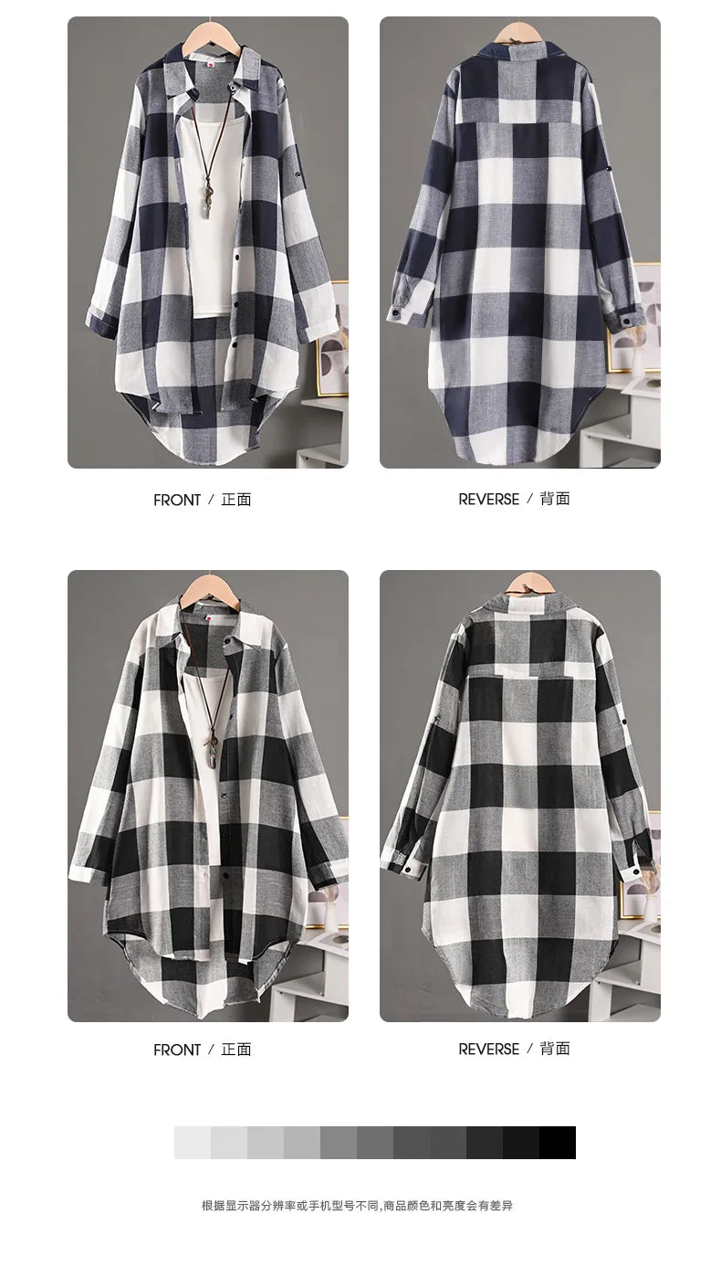 Women's Plaid Cotton Linen Shirt β Casual Long Sleeve Blouse for Fall | Trendy Checkered Tops for Everyday Style