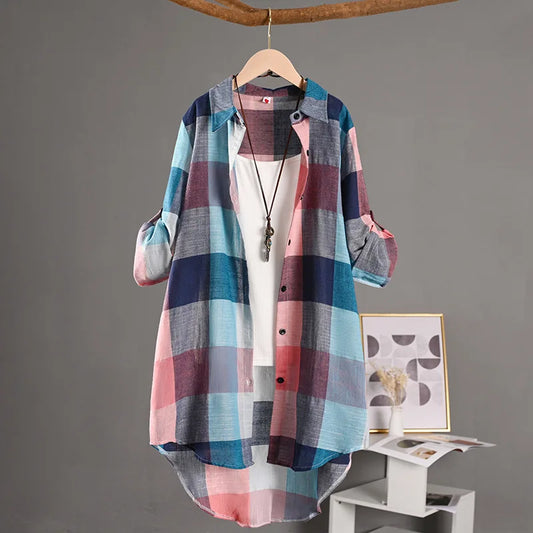 Women's Plaid Cotton Linen Shirt – Casual Long Sleeve Blouse for Fall | Trendy Checkered Tops for Everyday Style