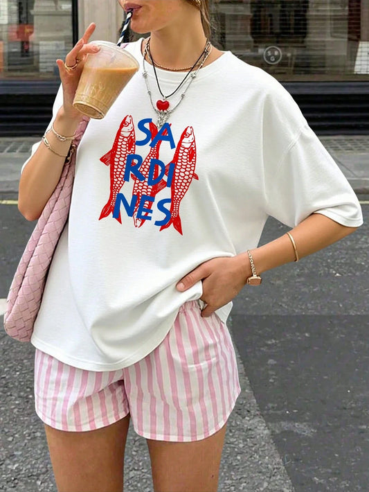Cartoon Sardine and Letter Print Short-sleeved Tees Casual and Versatile Style Suitable for Daily Wear and Going Out in Summer